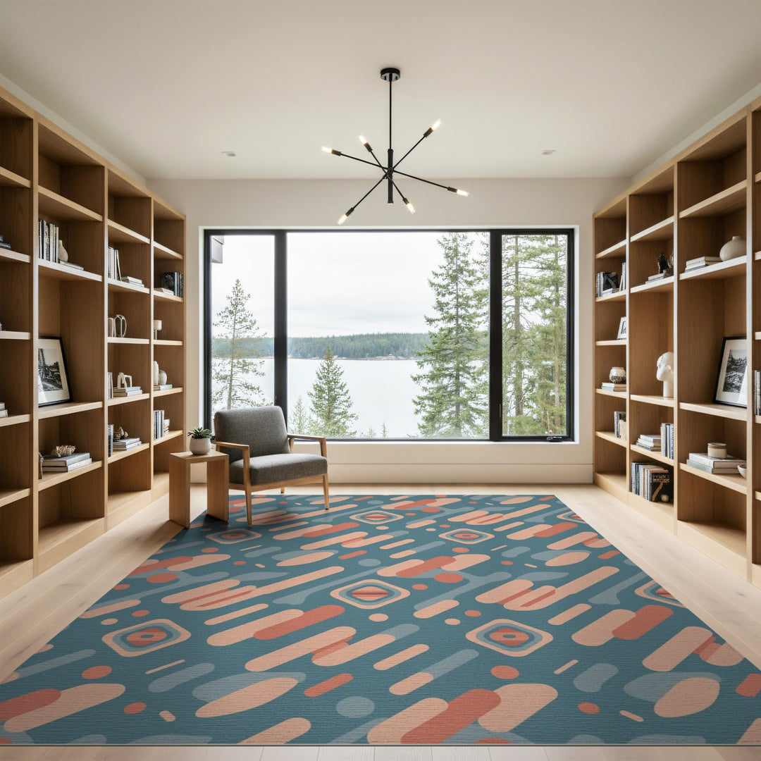 Blue Teal Geometric Washable Area Rug
