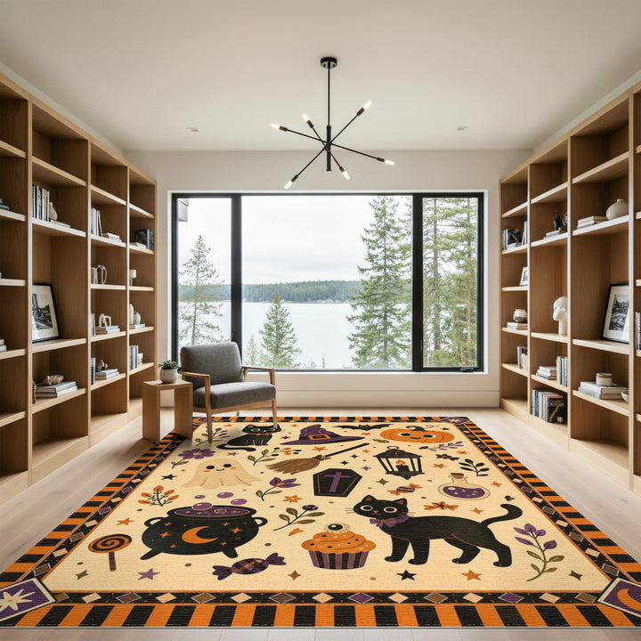 Pumpkin Halloween Black Cat Pumpkin Area Rug