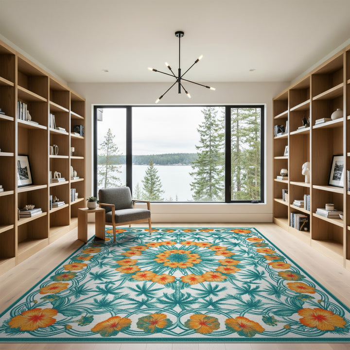 Teal Floral Palm Area Rug