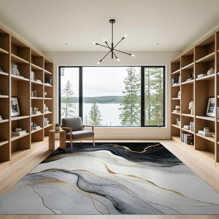 Black and White Black White Abstract Gold Wave Area Rug
