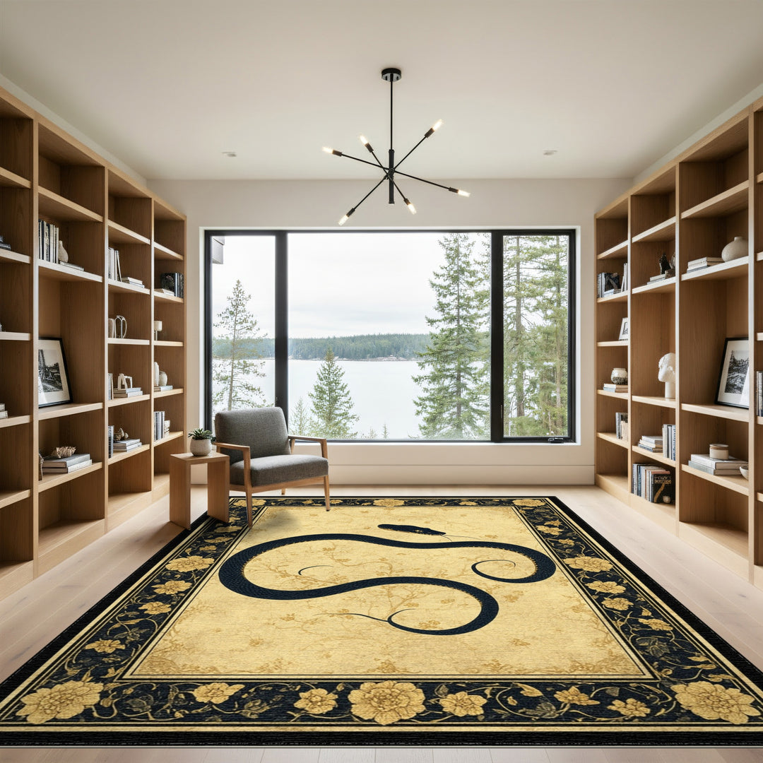 Black Serpent Beige Floral Vintage Area Rug