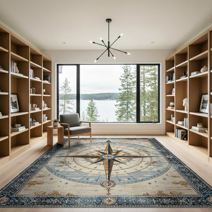Distressed Vintage Compass Blue Area Rug