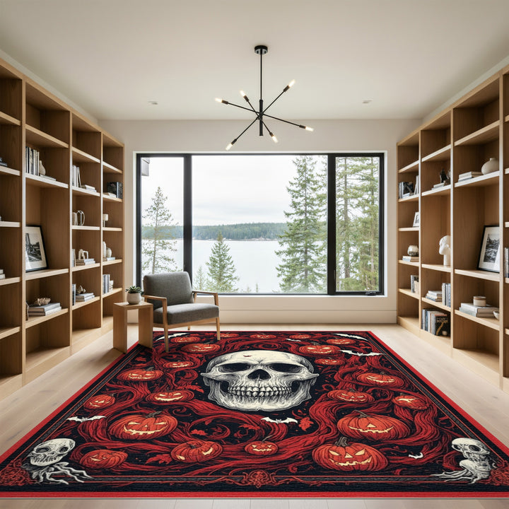 Gothic Skull and Pumpkin Red Area Rug