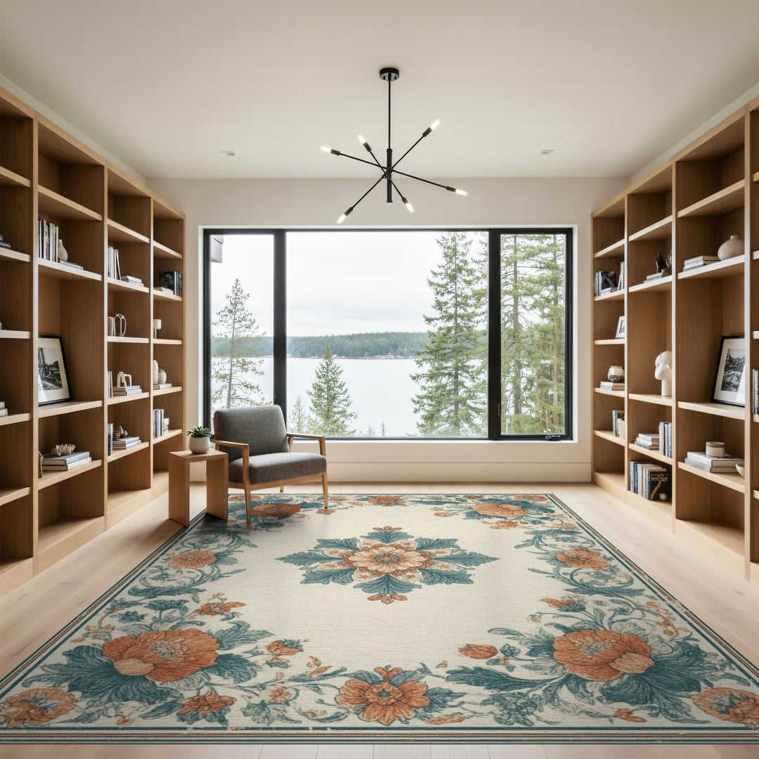 Vintage Floral Medallion Teal Orange Area Rug