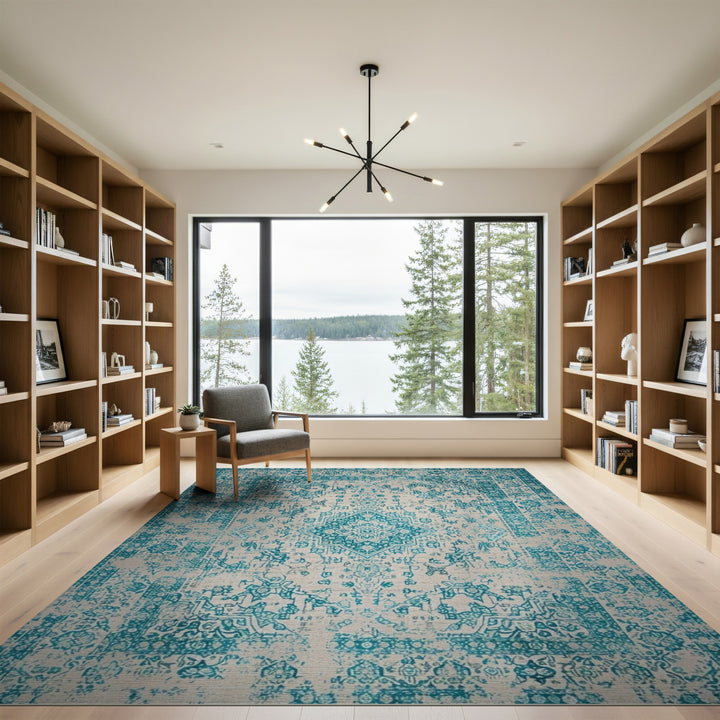 Distressed Teal Medallion Area Rug