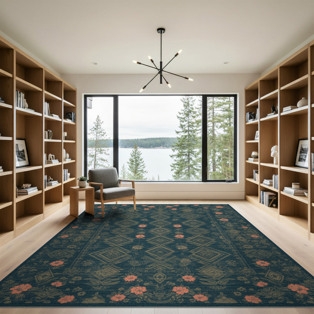 Teal Coral Floral Diamond Area Rug
