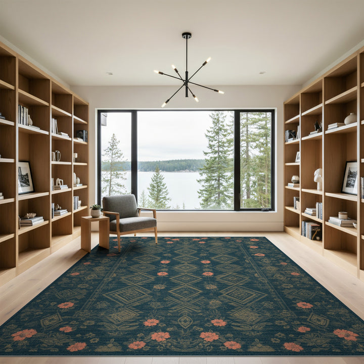 Teal Coral Floral Diamond Area Rug