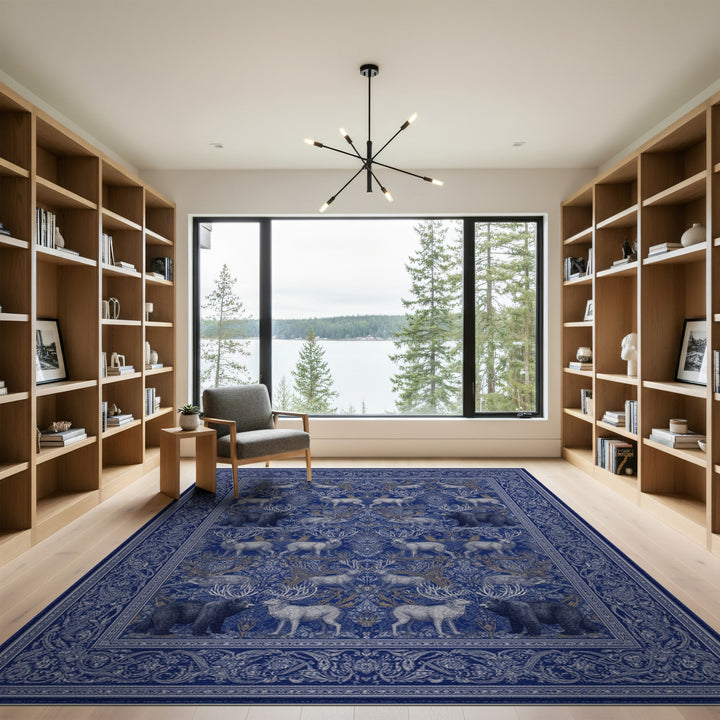 Blue Wildlife Area Rug with Deer and Bears