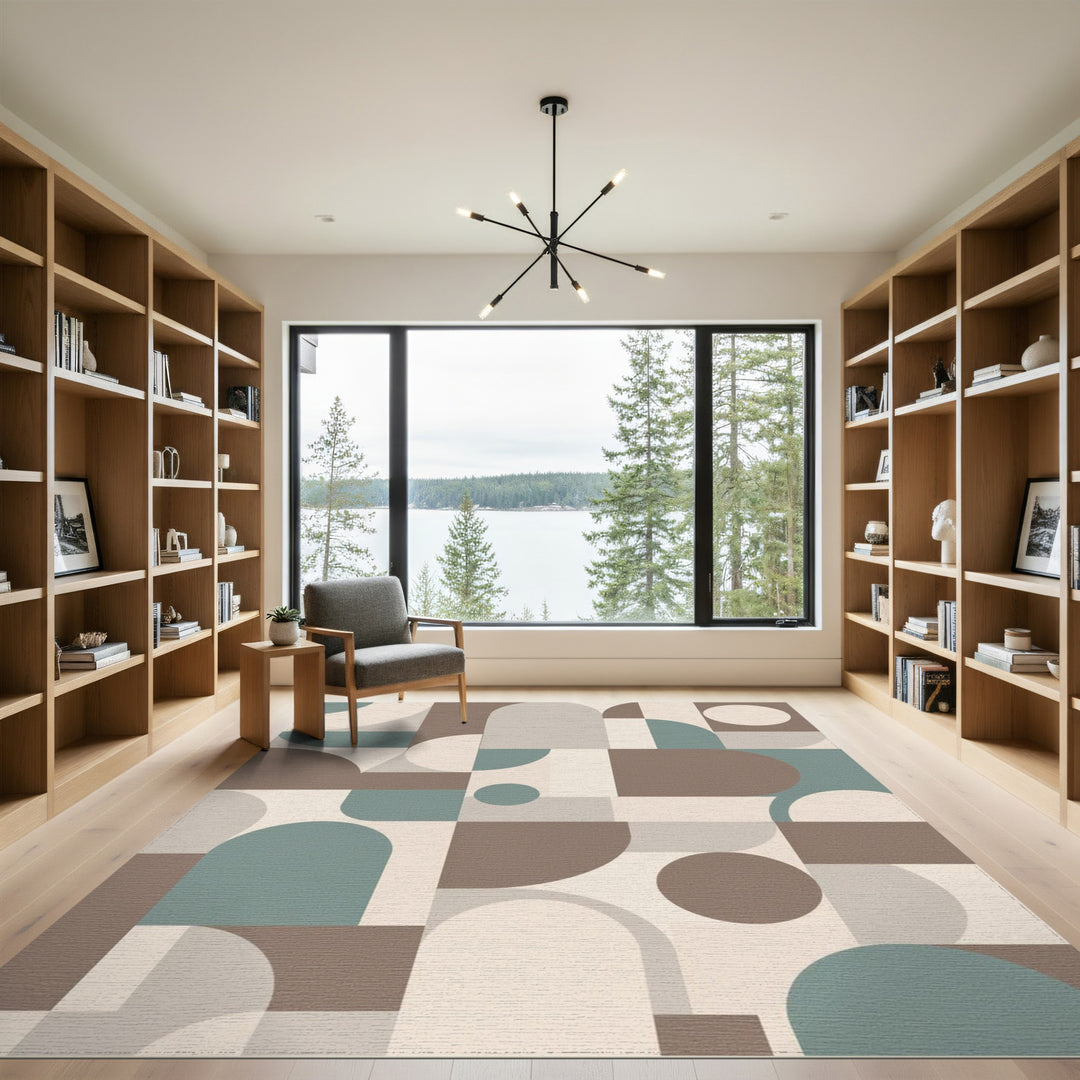 Geometric Beige Area Rug with Teal Accents