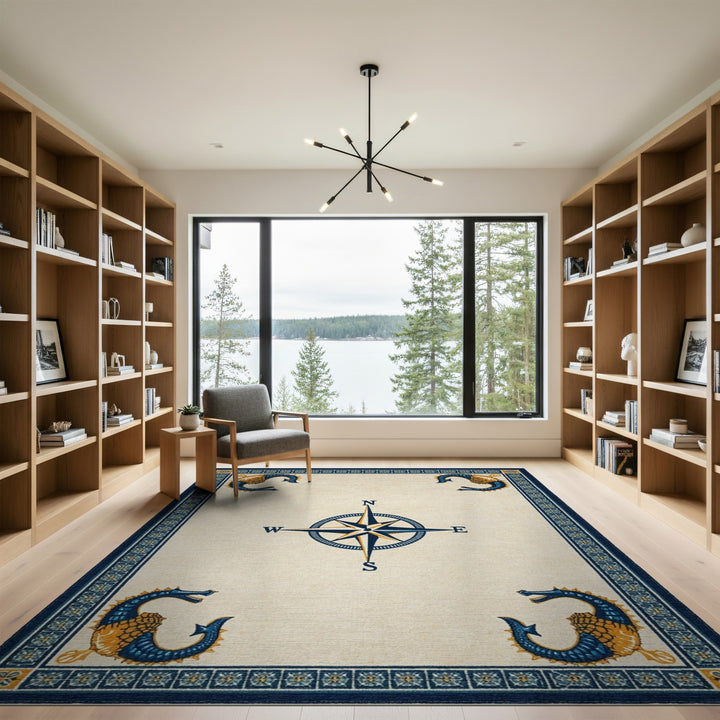 Blue Seahorse Compass Coastal Area Rug