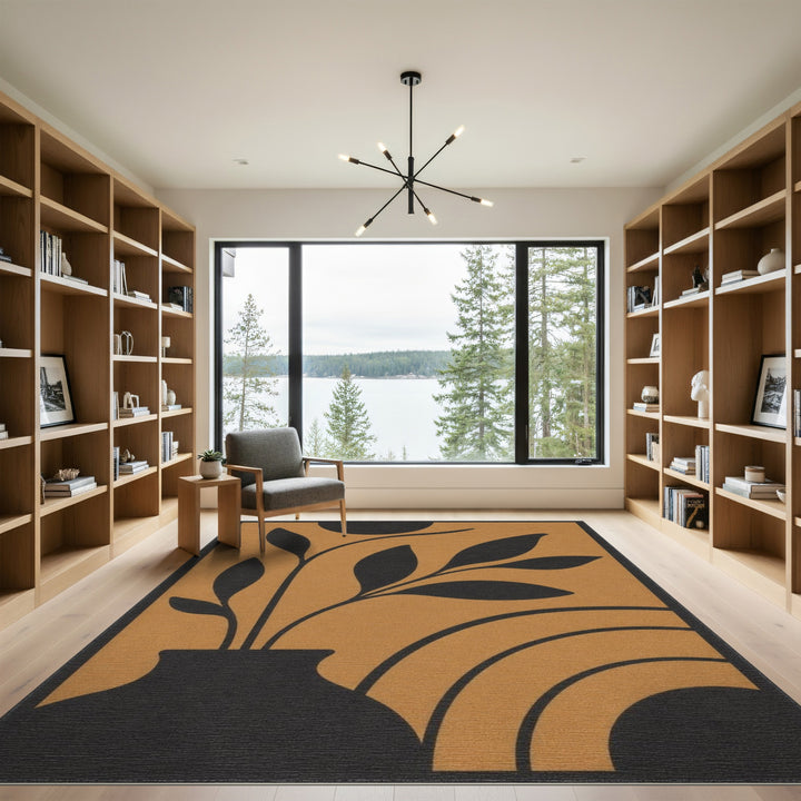 Abstract Botanical Vase Area Rug in Brown Tan