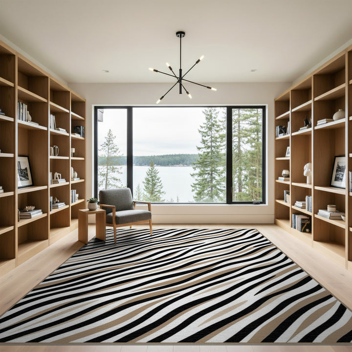 Abstract Area Black White Wavy Stripe Area Rug