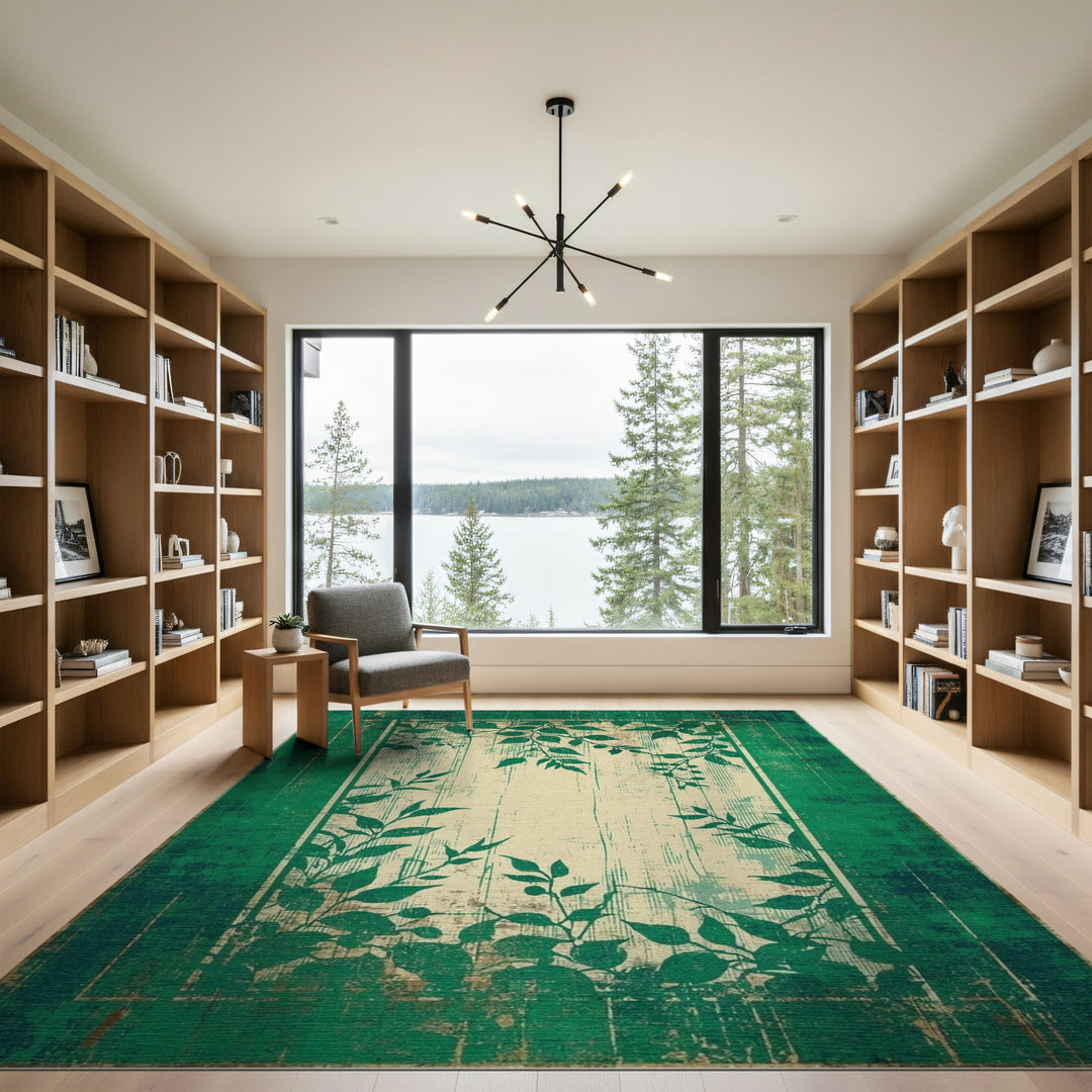 Distressed Vintage Green Distressed Vintage Leaf Area Rug