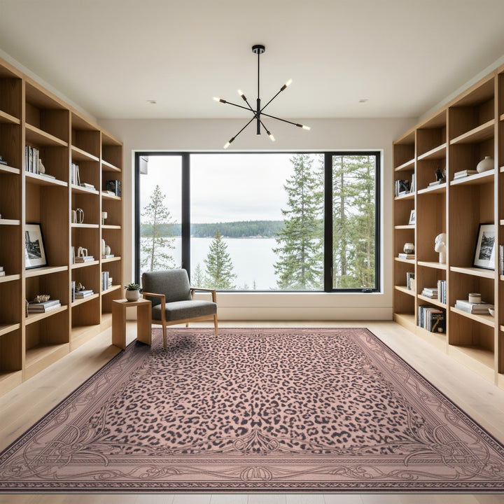 Pink Leopard Area Rug with Ornate Border