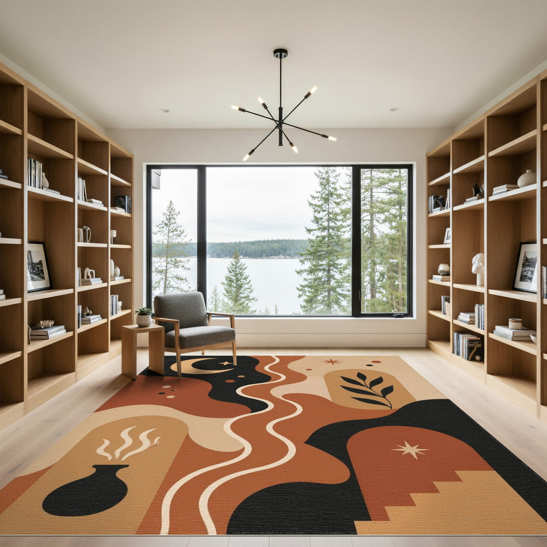 Boho Chic Brown Tan Area Rug with Moon and Arch