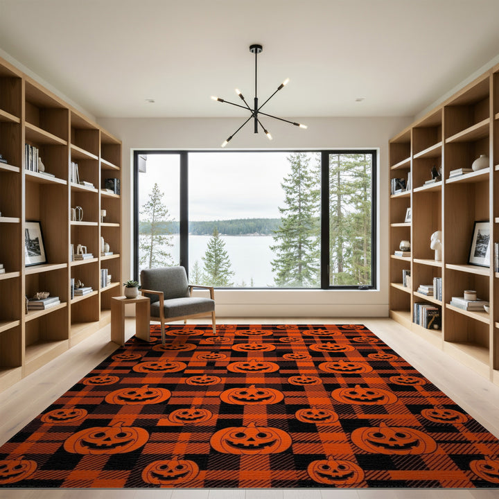 Kids Cartoon Orange Pumpkin Plaid Area Rug