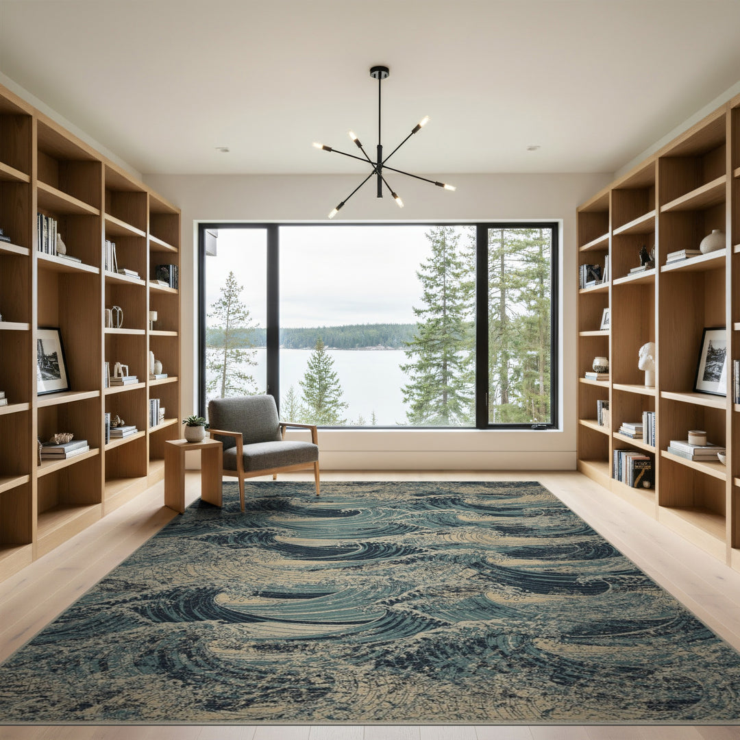 Blue Teal Wave Distressed Vintage Area Rug