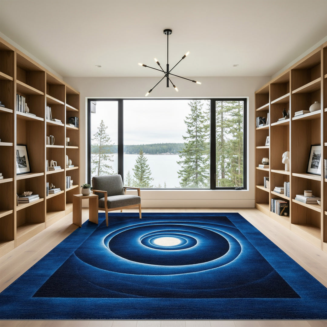 Blue and Teal Blue Concentric Circles Geometric Area Rug