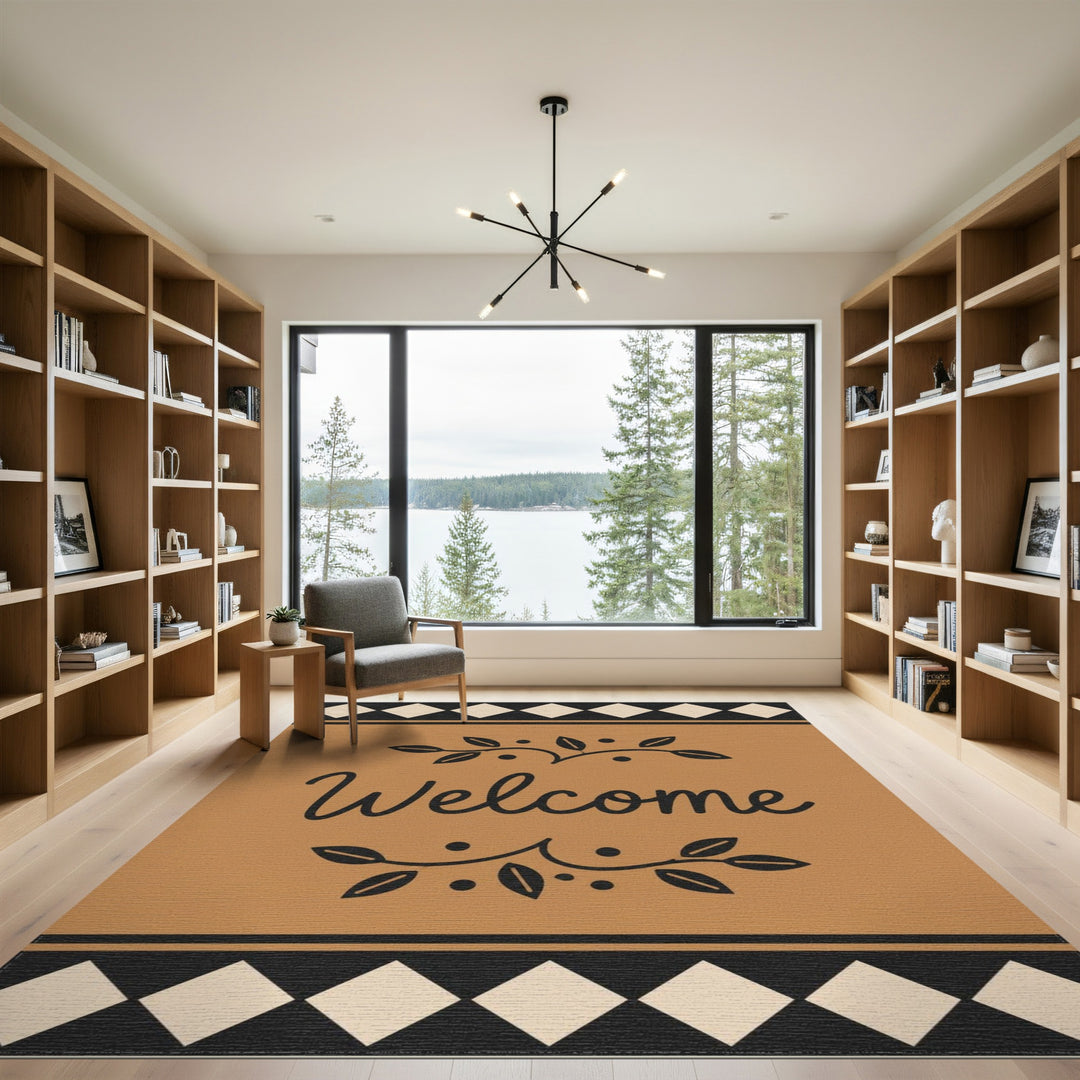 Welcome Brown Tan Leaf Border Area Rug