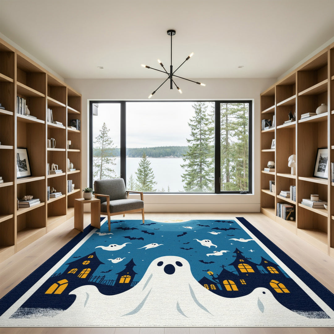 Halloween Ghosts and Bats Blue Area Rug