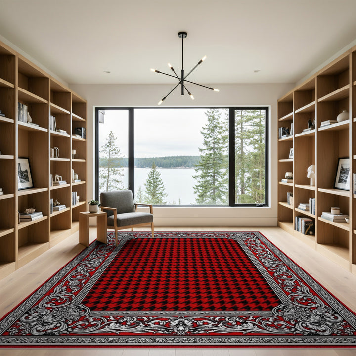 Red Houndstooth Ornate Border Area Rug
