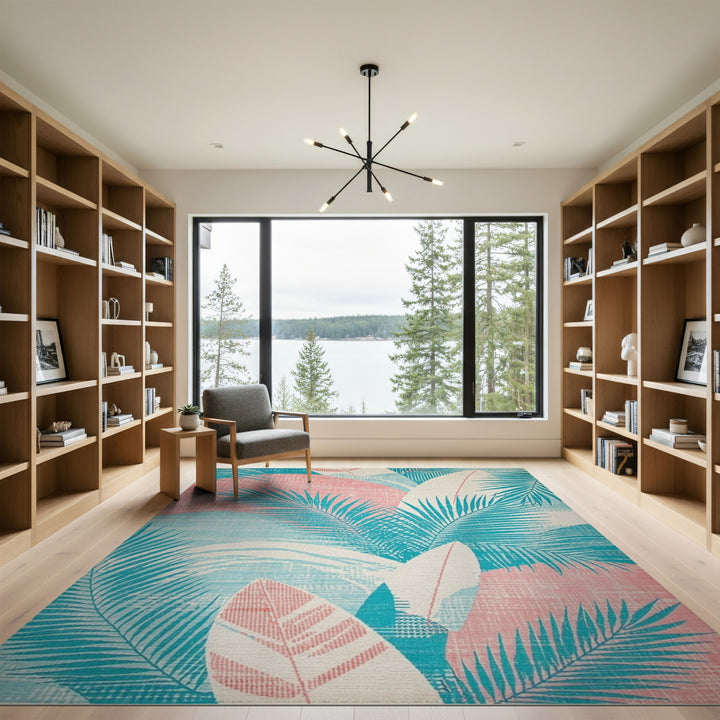 Blue Teal Palm Frond Coastal Area Rug