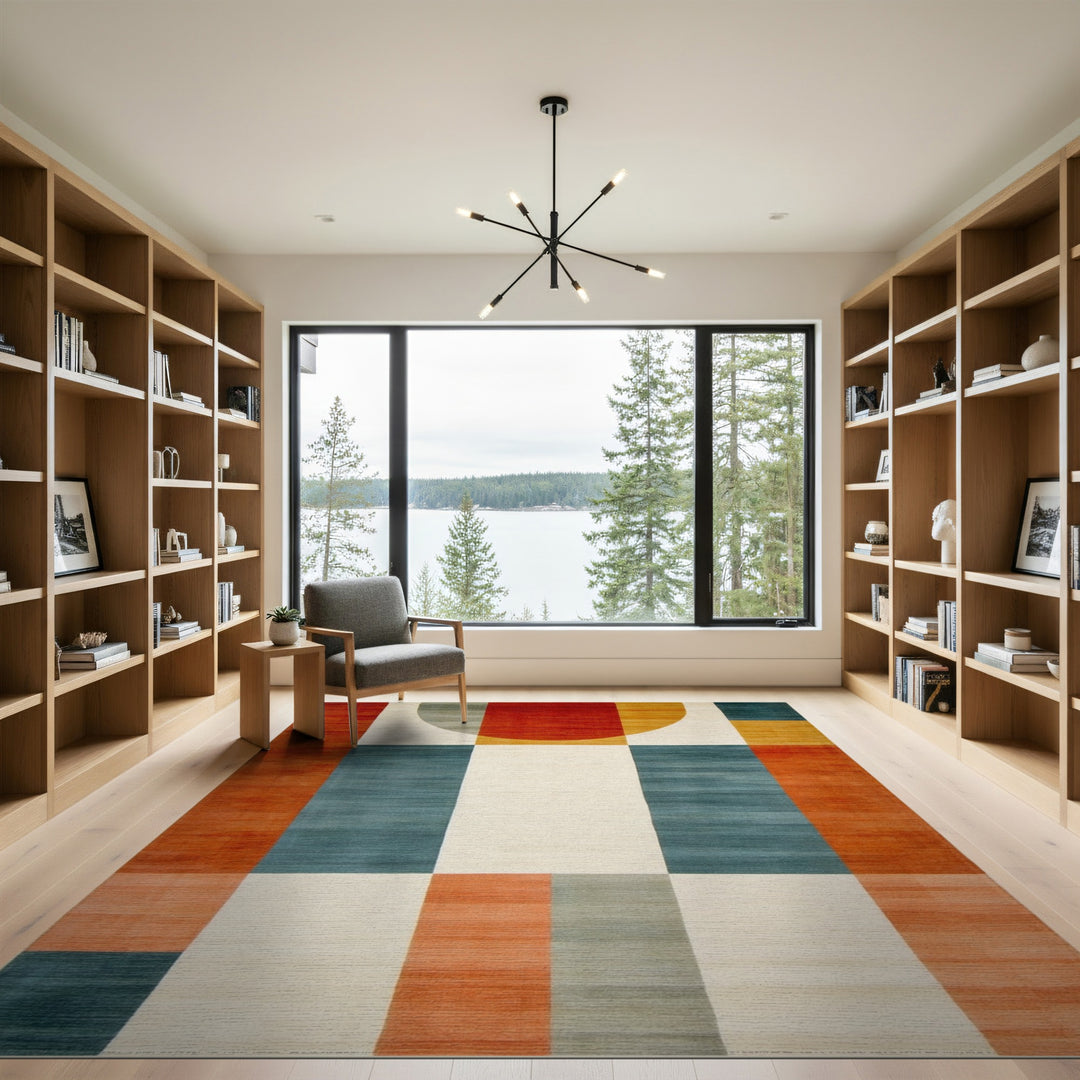Bold Geometric Area Rug with Red Circle Motif