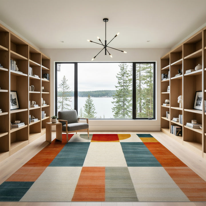 Bold Geometric Area Rug with Red Circle Motif