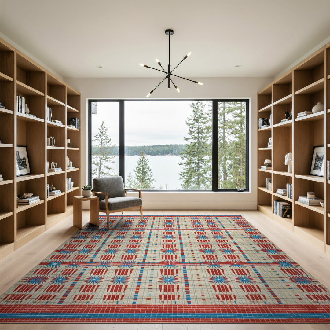 Geometric Modern Red Blue Starburst Geometric Area Rug