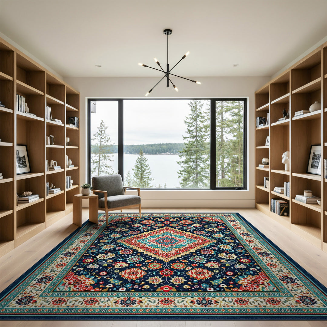 Navy Blue Teal Persian Medallion Area Rug