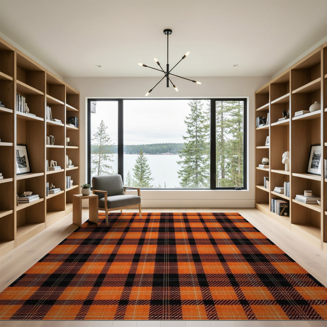 Orange Geometric Modern Orange Black Plaid Area Rug