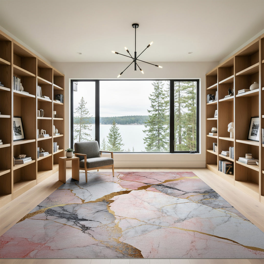 Abstract Area Pink Marble Gold Area Rug