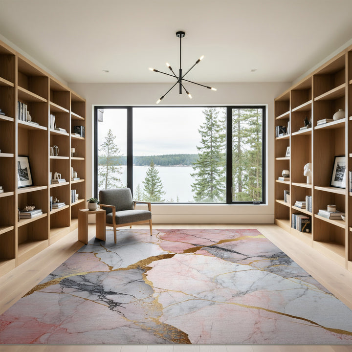 Abstract Area Pink Marble Gold Area Rug