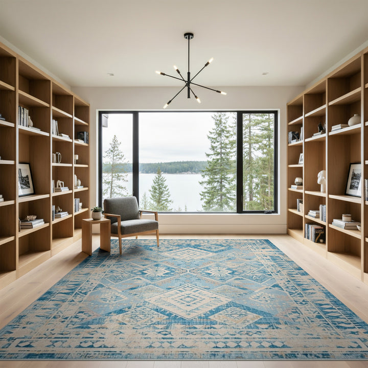 Distressed Blue Diamond Geometric Area Rug