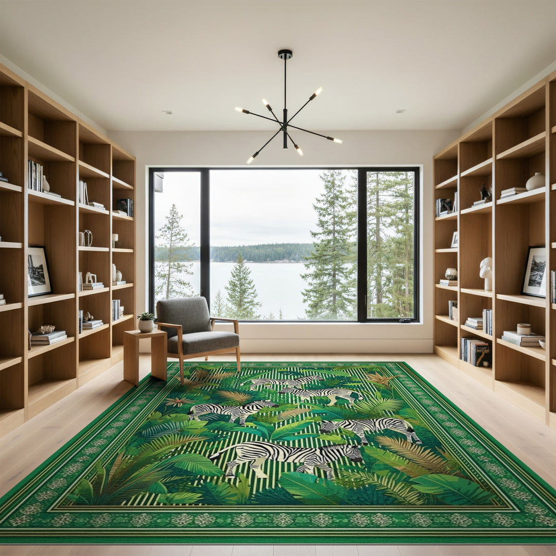 Green Zebra Jungle Washable Area Rug