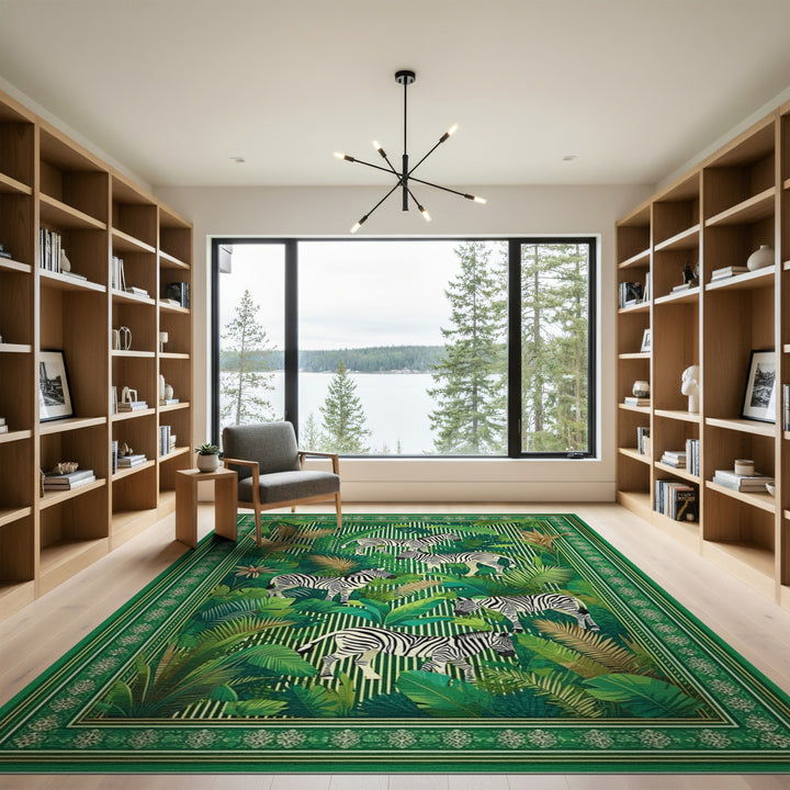 Green Zebra Jungle Washable Area Rug