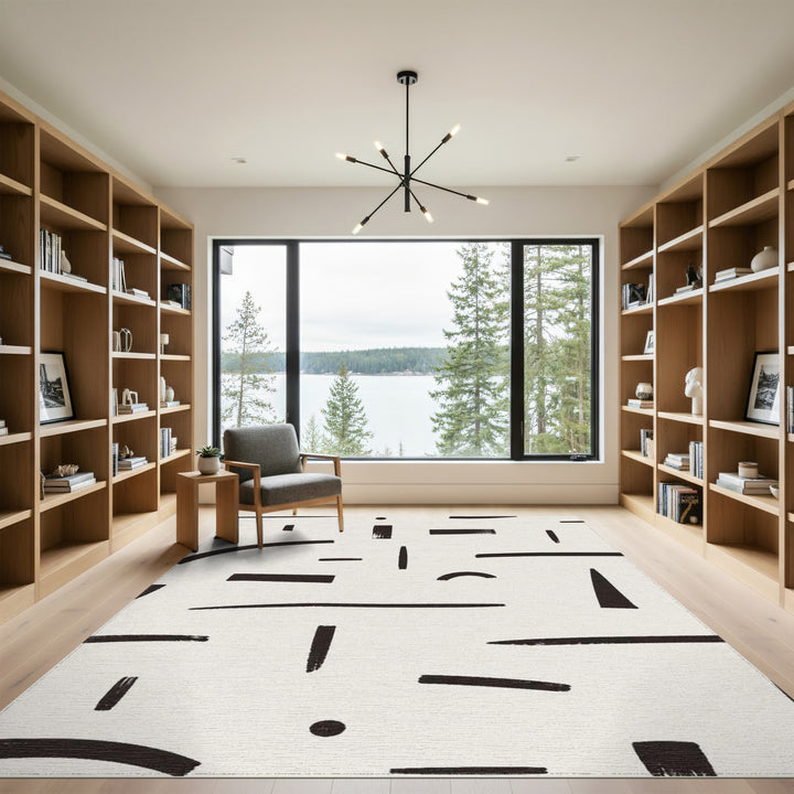 Abstract Black White Brushstroke Area Rug