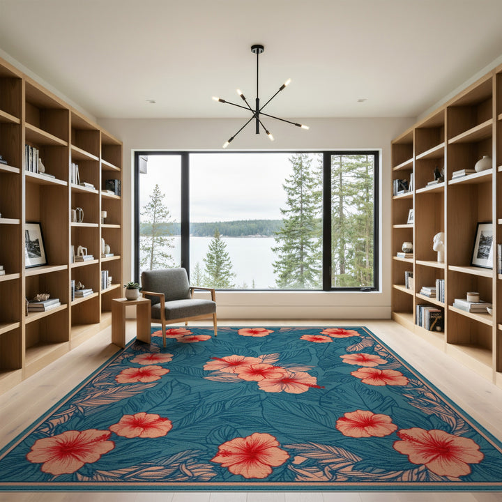 Coral Hibiscus Teal Floral Area Rug