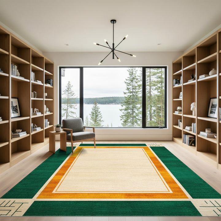 Green Geometric Area Rug with Orange Border