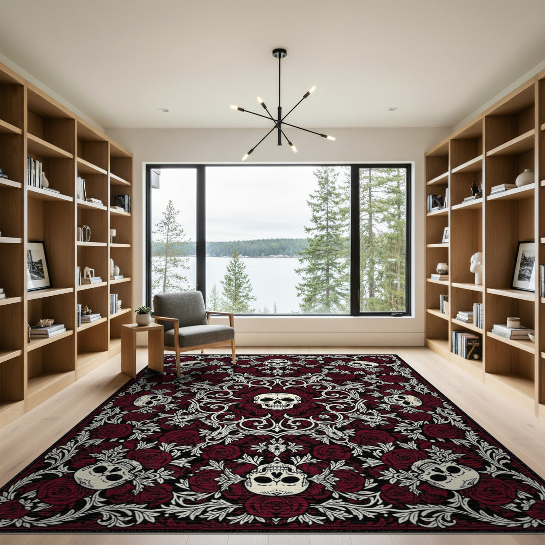 Red Vintage Skull Rose Area Rug