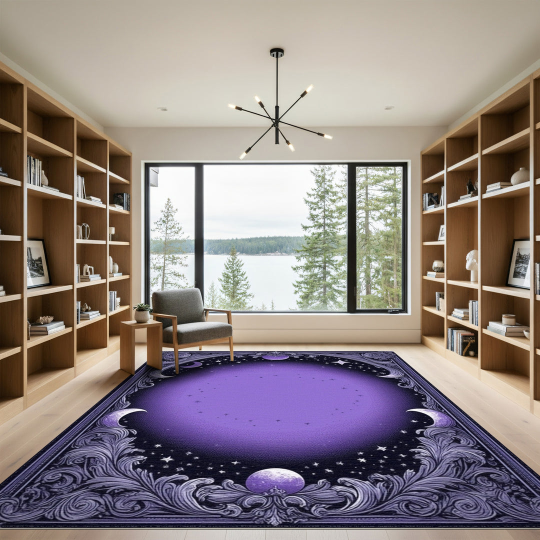 Celestial Purple Moon and Stars Area Rug