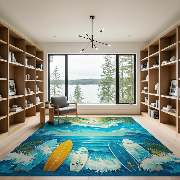 Blue Surfboard Waves Coastal Beach Area Rug