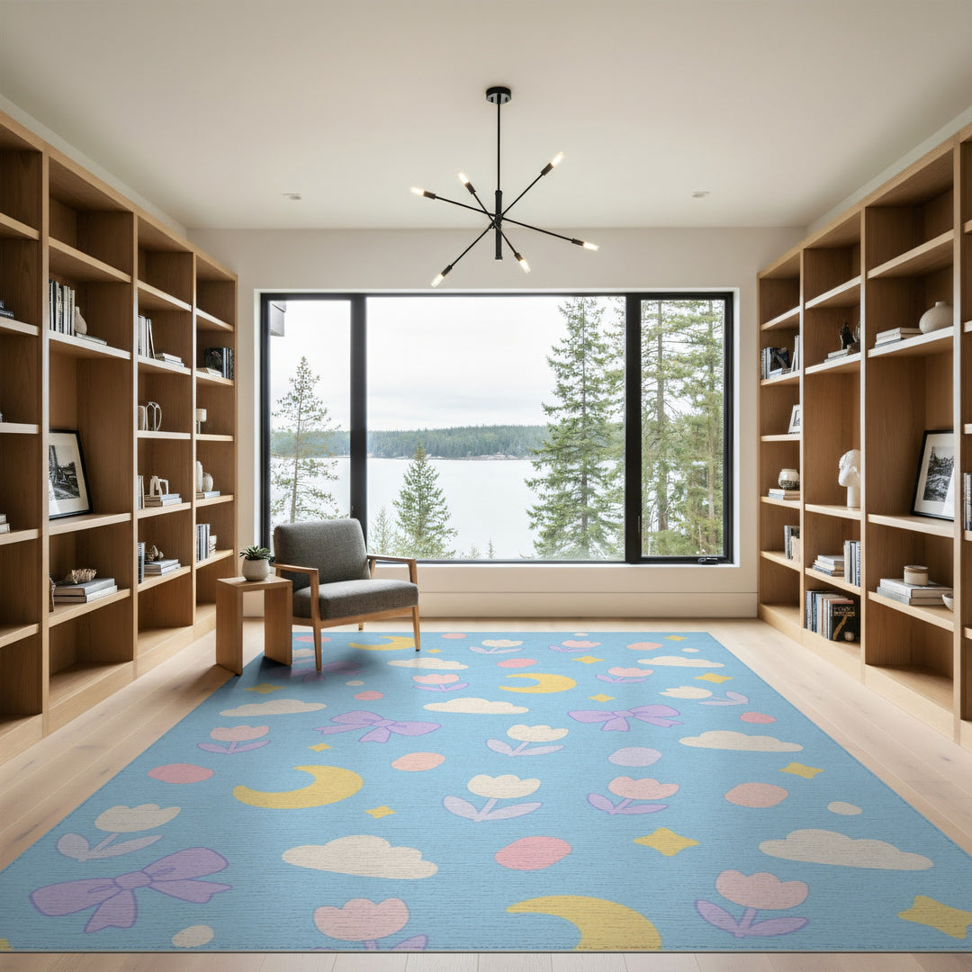 Blue Pastel Bow Moon Tulip Kids Area Rug