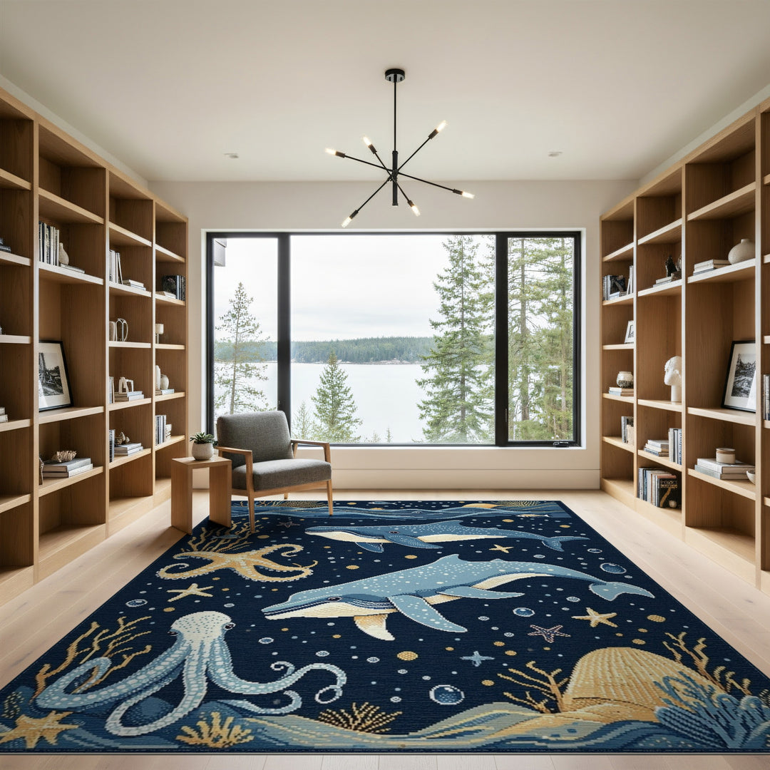 Blue Ocean Whales Area Rug