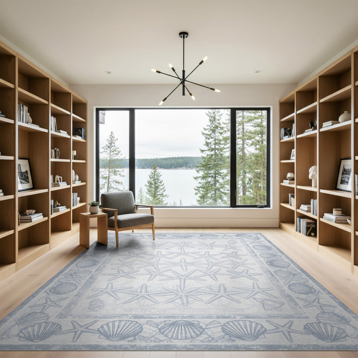 Blue Coastal Starfish Seashell Washable Area Rug