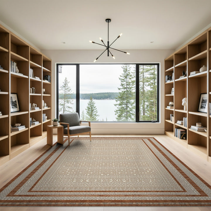 Beige Floral Border Area Rug with Tan Accents