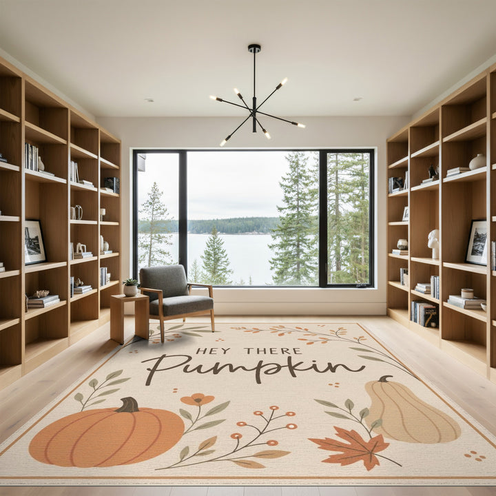 Beige and Neutral Rustic Farmhouse Hey There Pumpkin Beige Area Rug