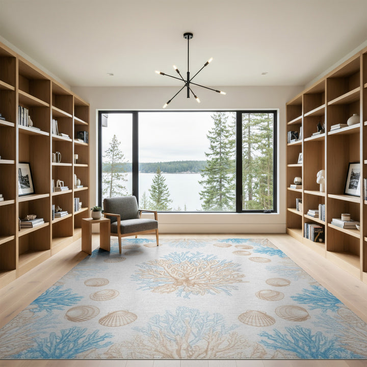 Blue Coral Seashell Coastal Area Rug