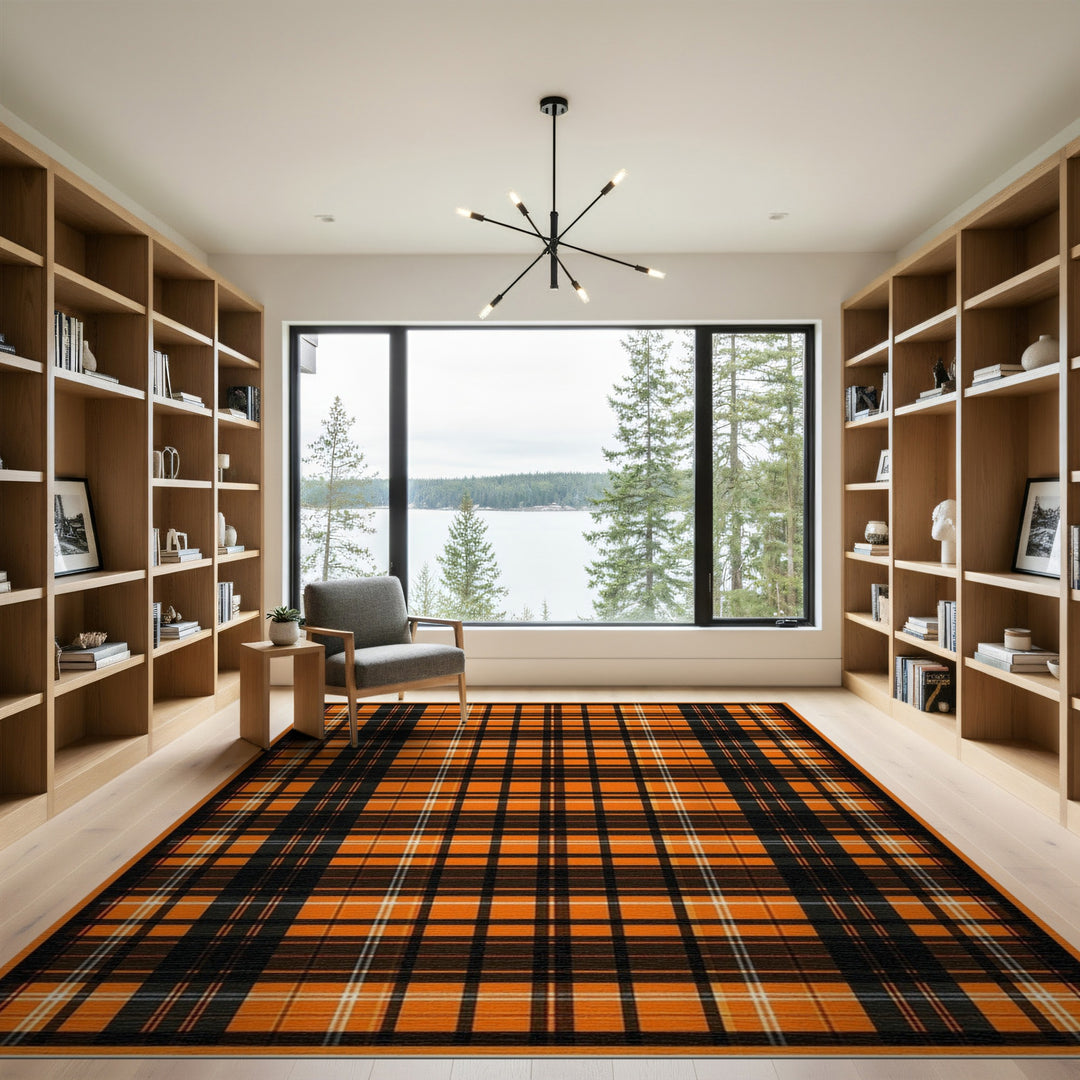 Geometric Modern Orange Black Plaid Washable Area Rug