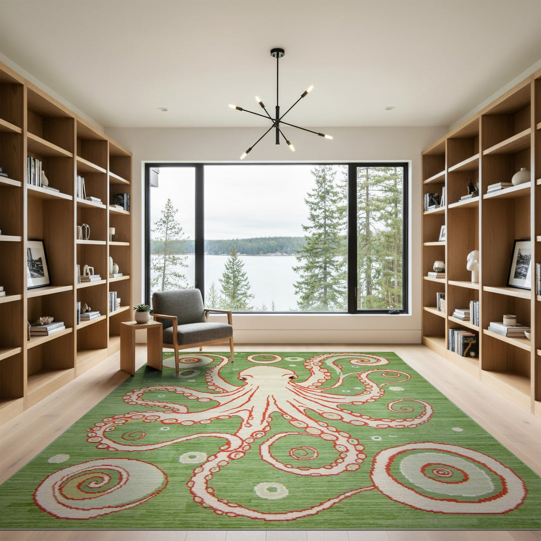Green Octopus Swirl Washable Area Rug